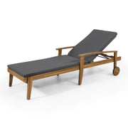 Noble House Jason chaise lounge with adjustable acacia wood outdoor furniture, showing a sleek, modern design in a backyard setting.