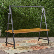 Noble House Huckleberry outdoor dining table in teak with acacia wood finish and built-in plant hanger, perfect for patio dining.