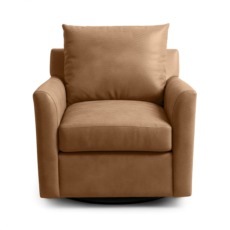 Classic Home Olivia swivel chair with plush fabric and a modern design, shown from a side angle with wooden legs.