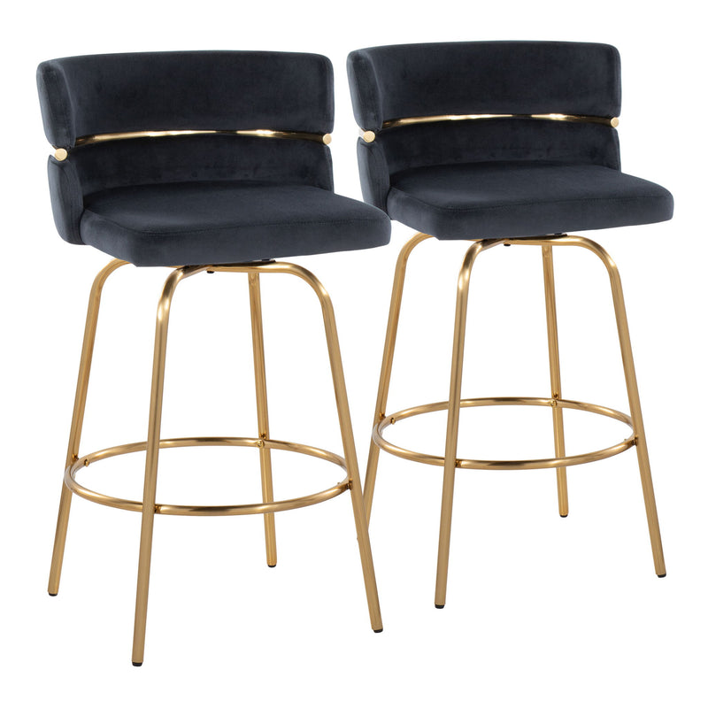 Set of two Lumi Source Glam Art Deco fixed height counter stools with swivel, round footrest, and stylish design.