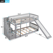 Gray DreamHaus twin over twin bunk bed with stairway, built-in drawers, and slide, featuring a sturdy frame and safety rails.