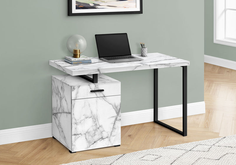 Computer Desk, Home Office, Laptop, Left, Right Set-Up, Storage Drawers, Work, Marble Look Laminate, Contemporary, Modern - White - R&R Furniture Gallery (Fountain Valley, CA)