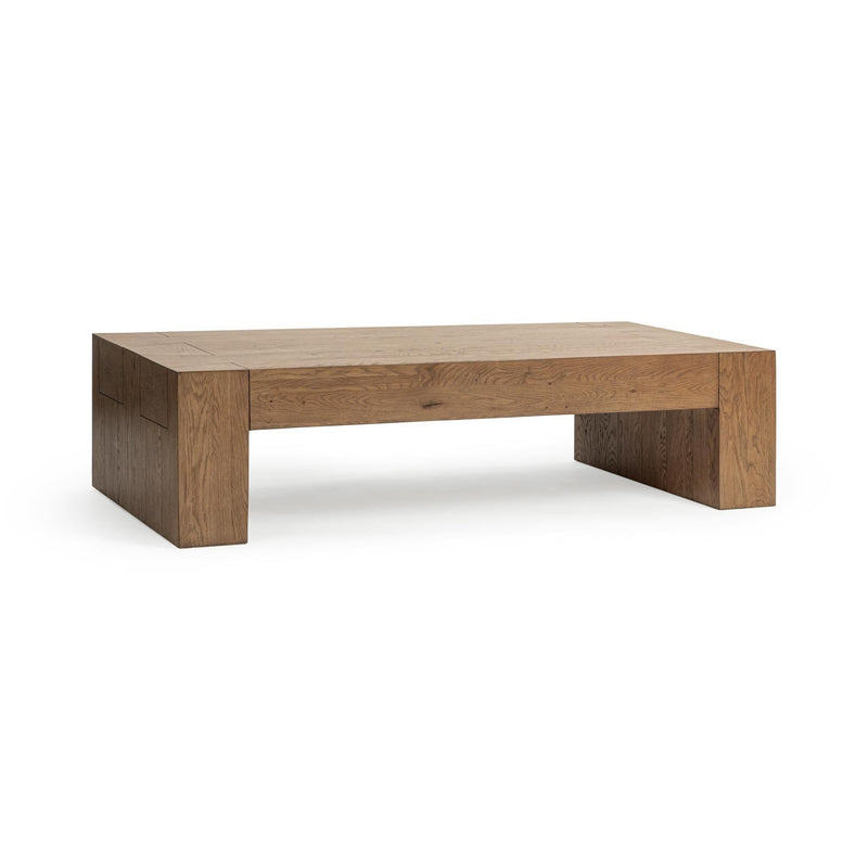 Classic Home Bristol reclaimed oak coffee table with a rustic wood finish and sturdy wooden legs.