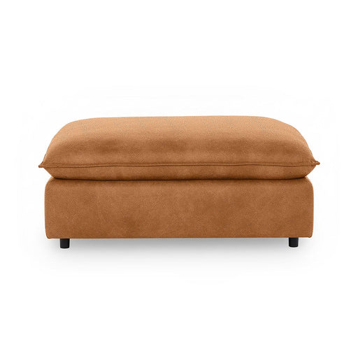 Classic Home Caplan upholstered ottoman with a plush fabric cushion and wooden legs, perfect for living room decor.