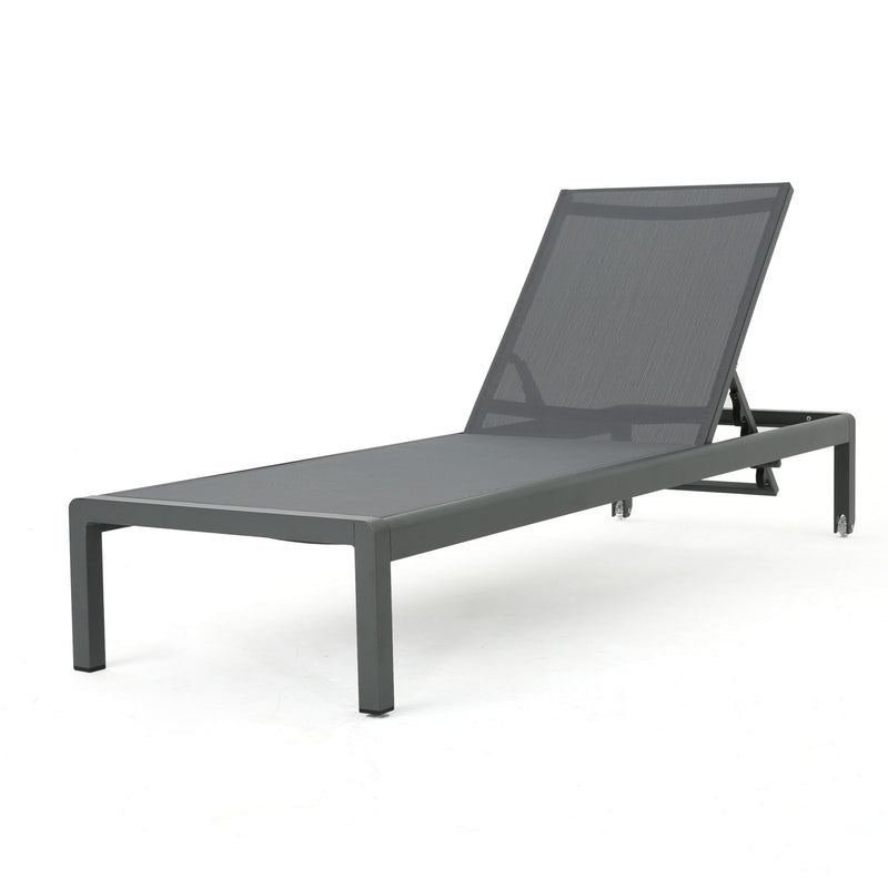 Noble House outdoor patio chaise lounge with five reclining positions, cushioned seat, and sturdy frame for relaxing outdoors.