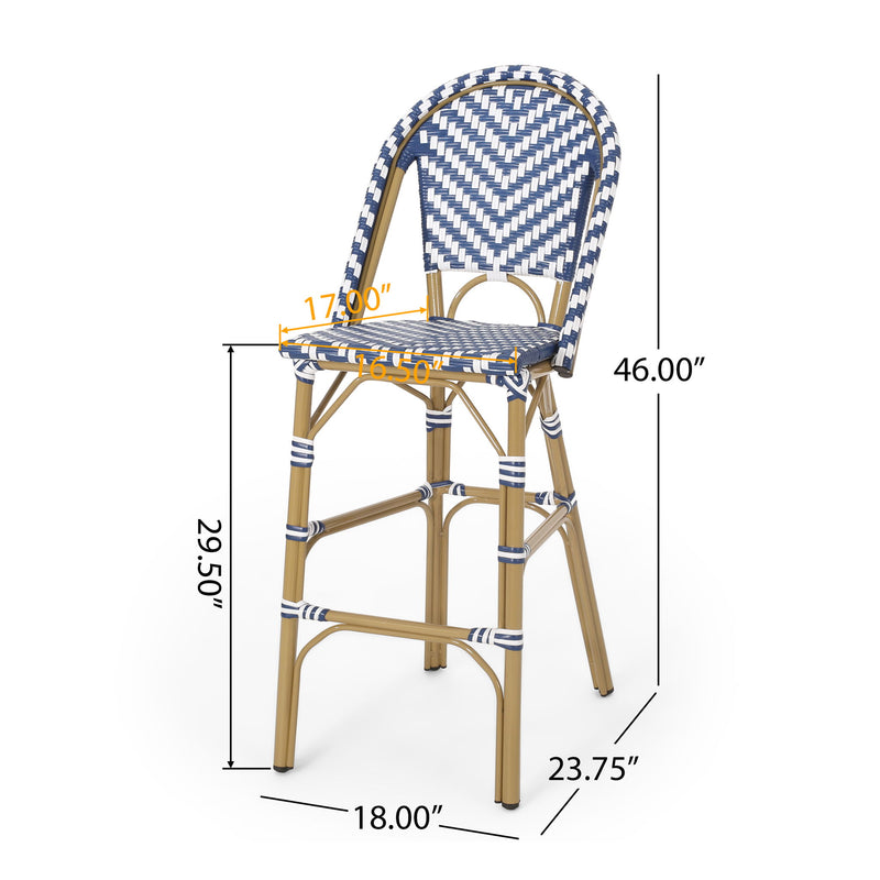 Outdoor Rattan French Barstool Set,, Bamboo, Seat Height - Navy Blue / White - R&R Furniture Gallery (Fountain Valley, CA)