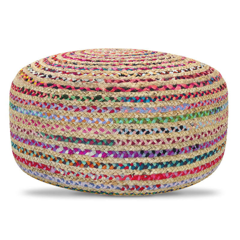 Multicolor large round accent pouf by Simpli-Home, Margo, with plush fabric and vibrant multicolor pattern for versatile seating.