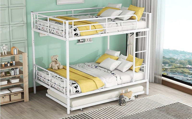 DreamHaus steel construction bunk bed with sturdy frame and twin upper and lower sleeping areas in a modern bedroom setting.