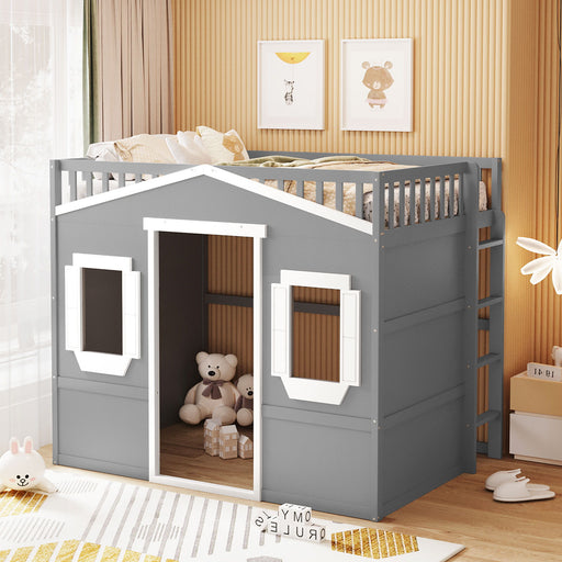 DreamHaus elegant house loft bed with ladder, featuring a cozy wooden frame and built-in safety rails in a modern bedroom setting.