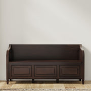 Simpli-Home Connaught storage bench with cushioned seat and wooden legs, ideal for entryways or living rooms.