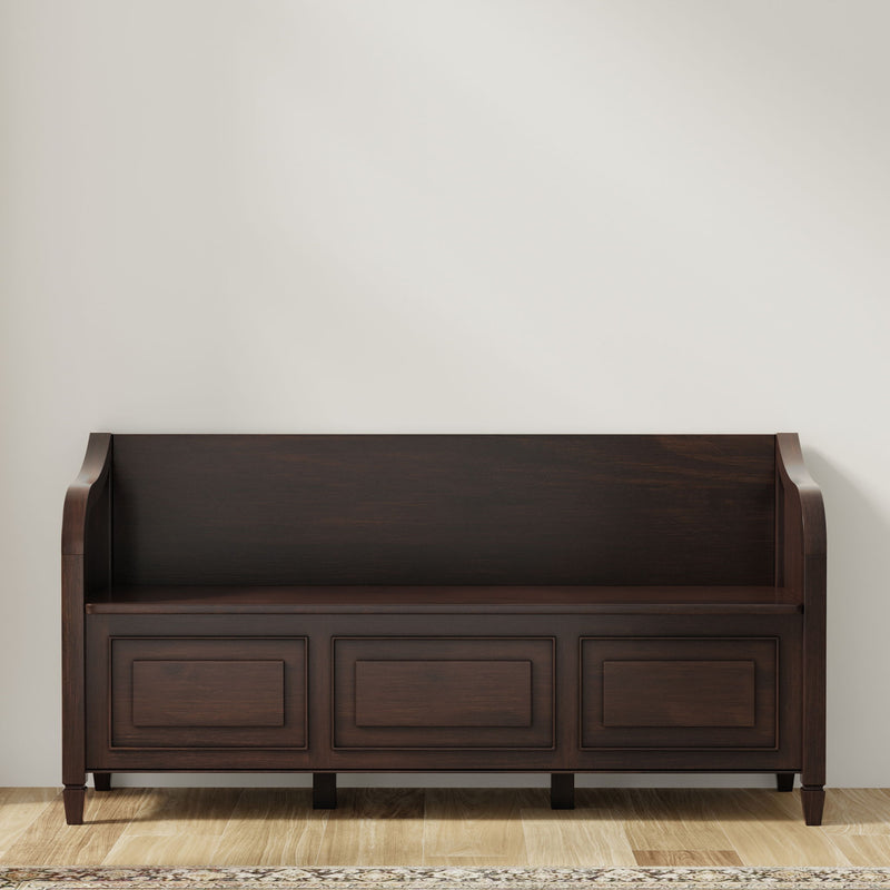 Simpli-Home Connaught storage bench with cushioned seat and wooden legs, ideal for entryways or living rooms.