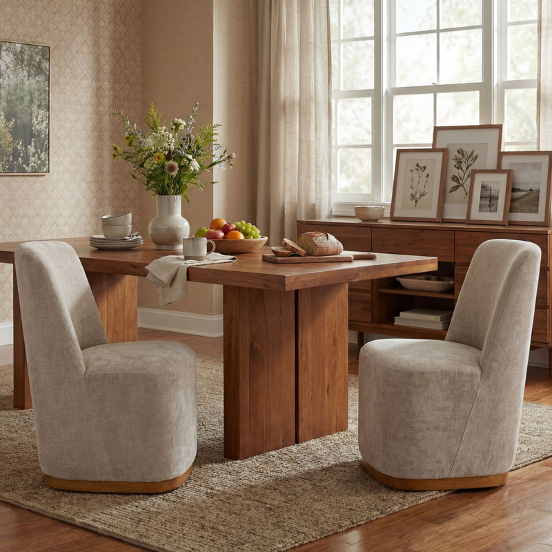 Set of two Noble House indoor upholstered dining chairs with cushioned seats and stylish fabric upholstery.