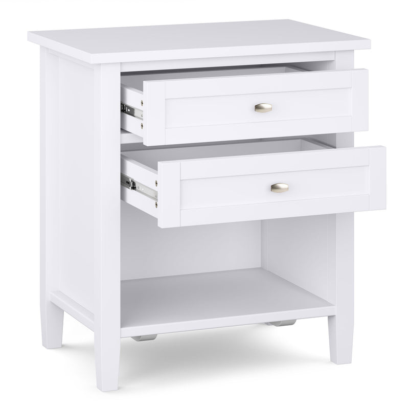 Handcrafted Warm Shaker bedside table by Simpli-Home, accent nightstand with wood finish and simple, elegant design.
