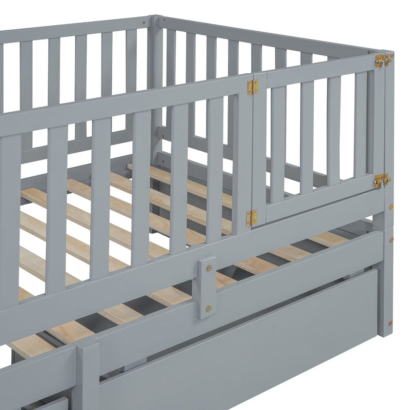 DreamHaus storage daybed with fence guardrails, two drawers, and split design for independent floor bed and daybed setup.