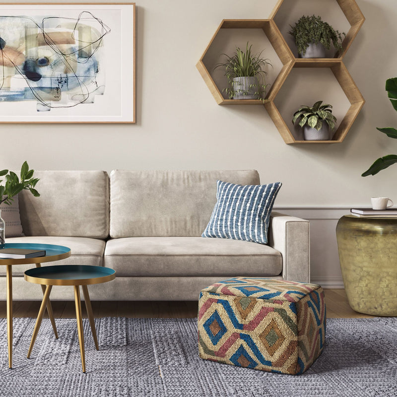 Simpli-Home Johanna handcrafted square accent pouf with woven fabric and wooden legs, ideal for living room or bedroom decor.