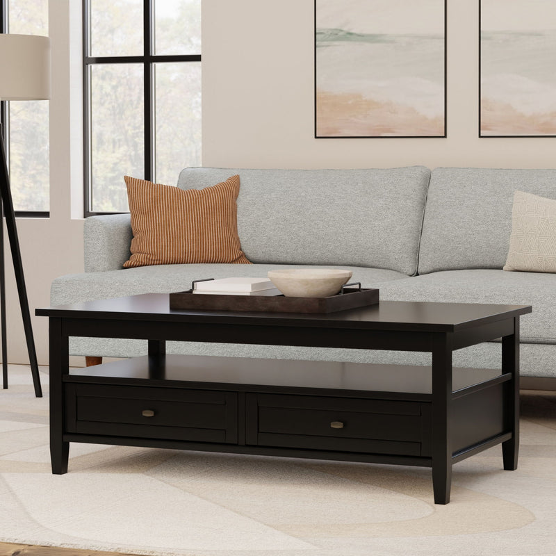 Handcrafted Warm Shaker coffee table by Simpli-Home featuring a wooden design with a smooth finish and sturdy legs.