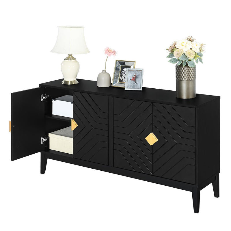 4 Door Sideboard Storage Cabinet For Living Room And Dining Room, 2 Large Cabinets With Gold Handles And Adjustable Shelf - Black - R&R Furniture Gallery (Fountain Valley, CA)
