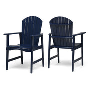 Set of two Noble House outdoor weather-resistant acacia wood Adirondack dining chairs on a patio.