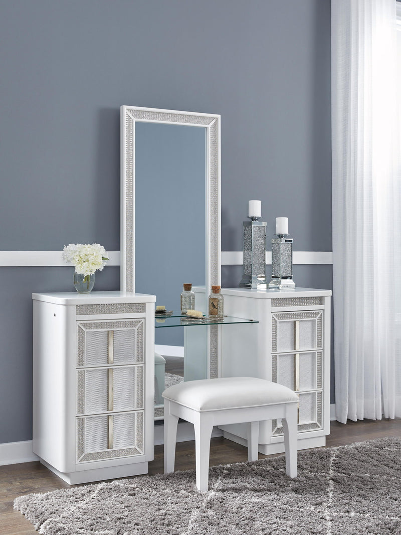 White Chalanna vanity set with mirror by Signature Design Ashley, featuring a sleek modern design and a spacious tabletop.