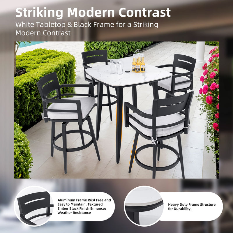 Modern Outdoor Patio Bar Set, Rounded Square Table & Bar Chairs, Non Rust Frame, Tapered Legs, Sunbrella Cushion - R&R Furniture Gallery (Fountain Valley, CA)