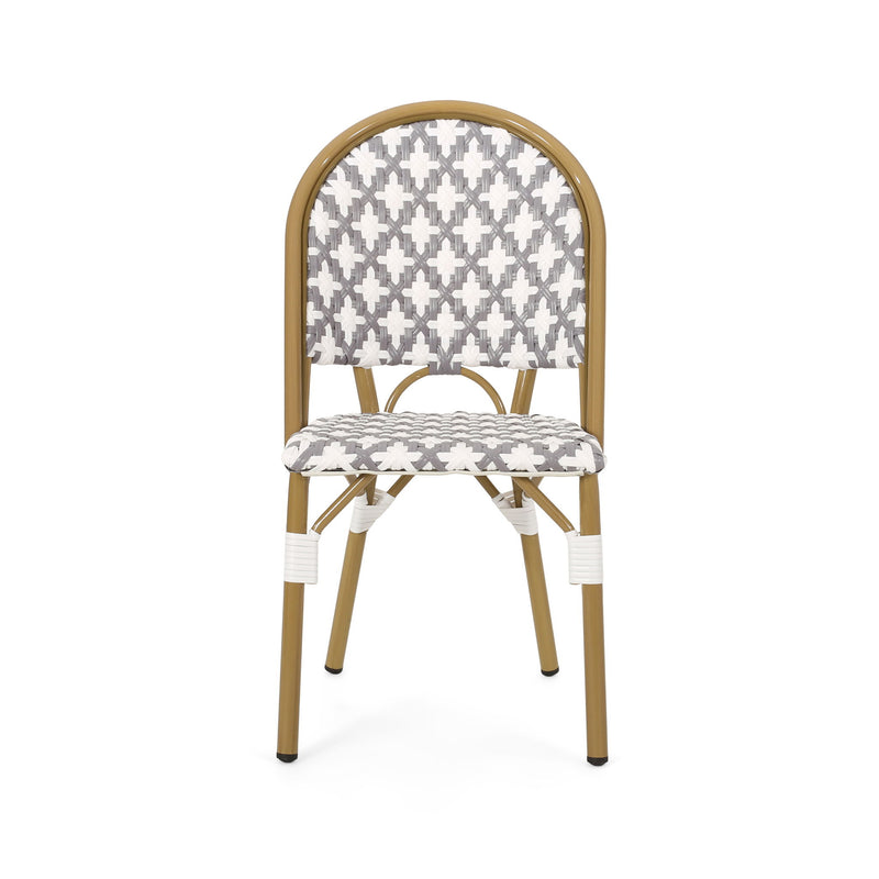 Noble House French Bistro Chair with durable rattan and aluminum frame, armless design, ideal for stylish indoor or outdoor dining.