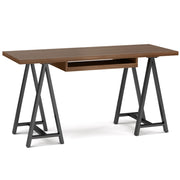 Handcrafted solid wood sawhorse desk by Simpli-Home, featuring a sturdy writing desk with rustic design and natural wood finish.
