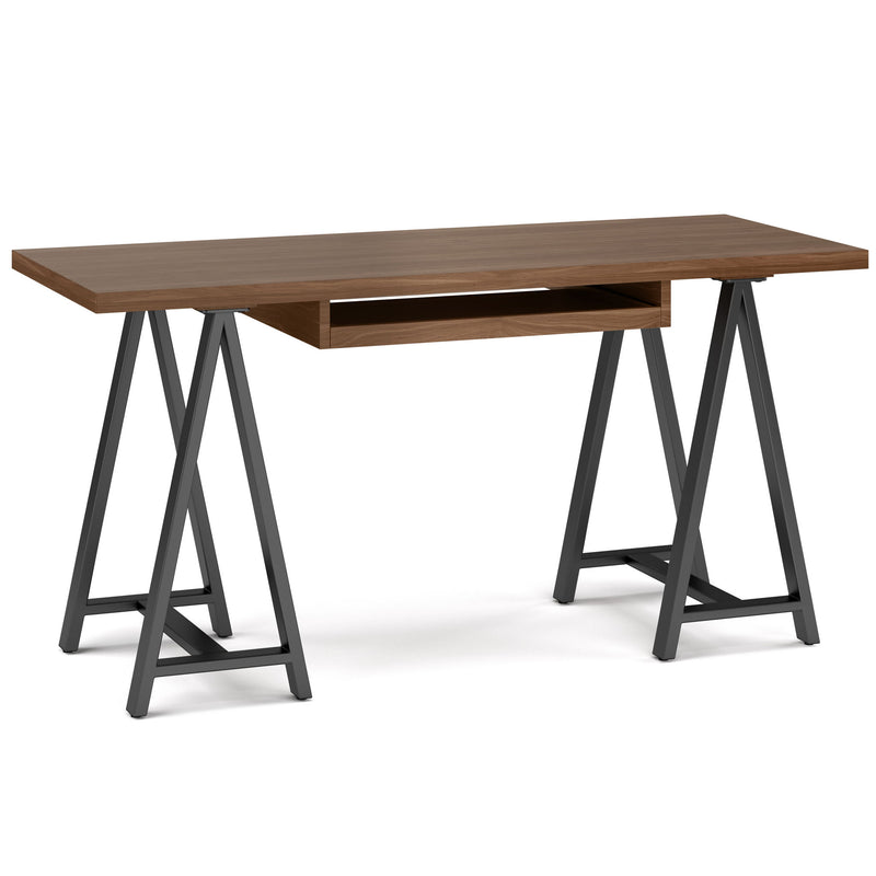 Handcrafted solid wood sawhorse desk by Simpli-Home, featuring a sturdy writing desk with rustic design and natural wood finish.