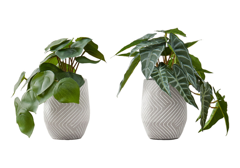 Set of two artificial Alocasia plants from 8th Street with large green leaves, perfect for home or office decor.