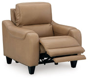 Ashley Mosswell power recliner with adjustable headrest in toffee leather upholstery, showcasing a plush, modern reclining chair.
