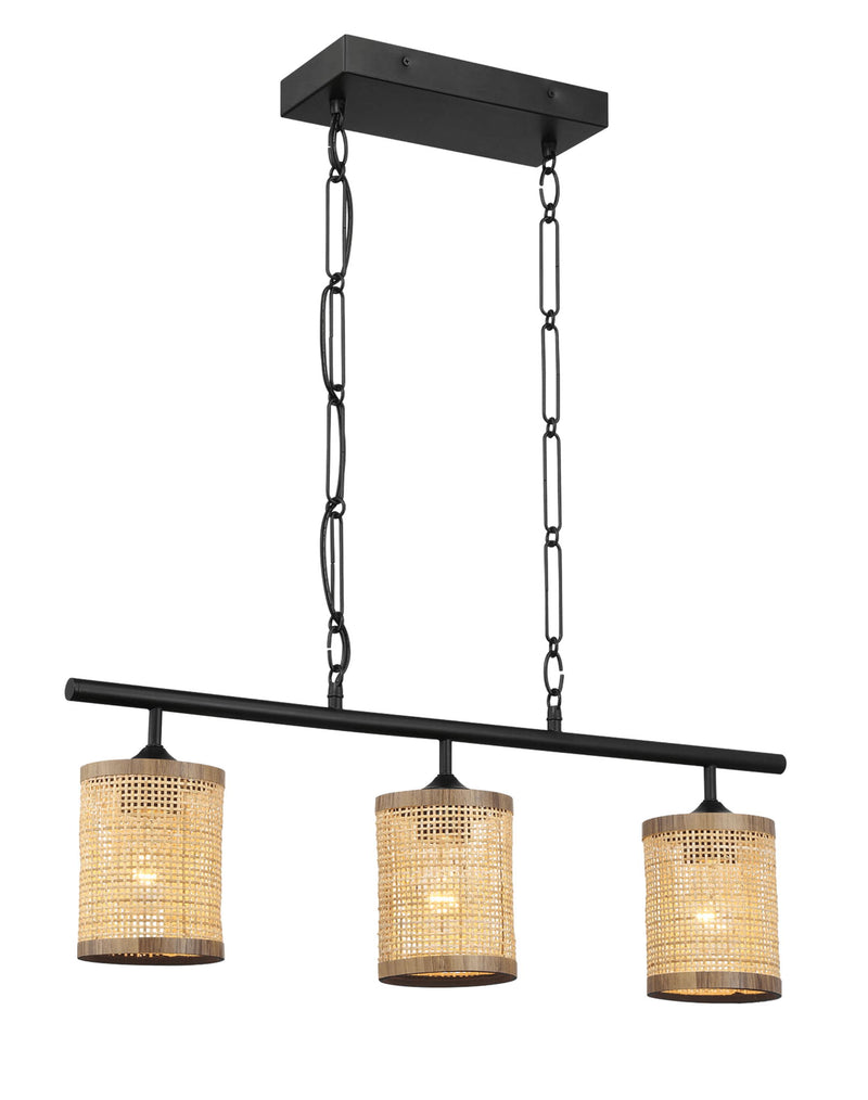 Elysian - 3 Lights Island With Natural Shade Farmhouse Chain Ceiling Lamp - Black / Rattan - R&R Furniture Gallery (Fountain Valley, CA)
