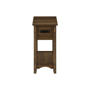 Walnut accent end table with two tiers, narrow design, storage drawer, in transitional style, by 8th Street.