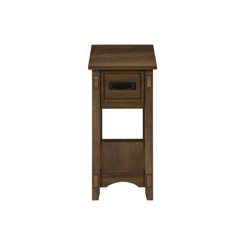 Walnut accent end table with two tiers, narrow design, storage drawer, in transitional style, by 8th Street.