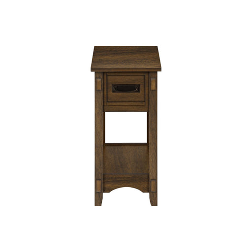 Walnut accent end table with two tiers, narrow design, storage drawer, in transitional style, by 8th Street.