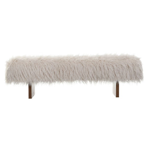 Brown and beige long-haired faux wool upholstered bench from Noble House, featuring a comfortable padded seat and sturdy wooden legs.