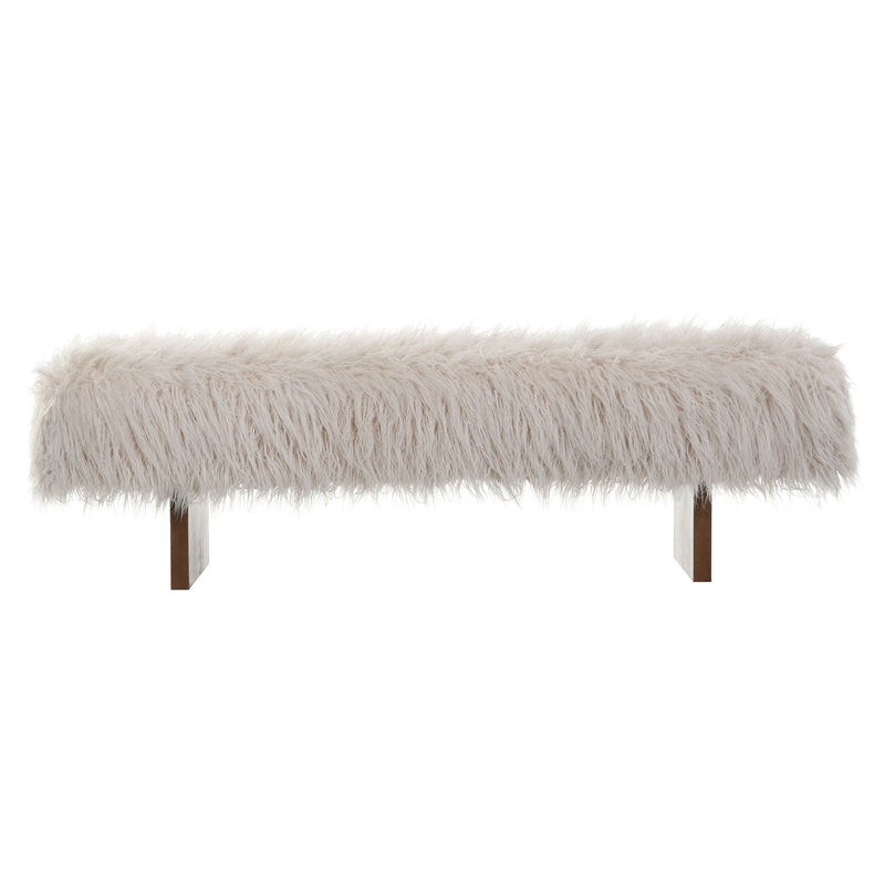 Brown and beige long-haired faux wool upholstered bench from Noble House, featuring a comfortable padded seat and sturdy wooden legs.