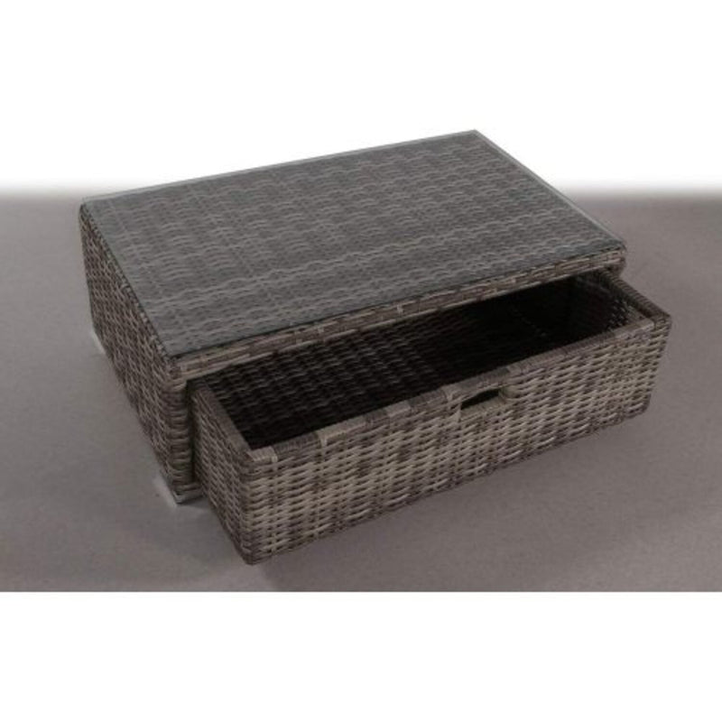 Gray glass outdoor coffee table from LSI Patio Furniture with a modern design and sturdy metal frame.