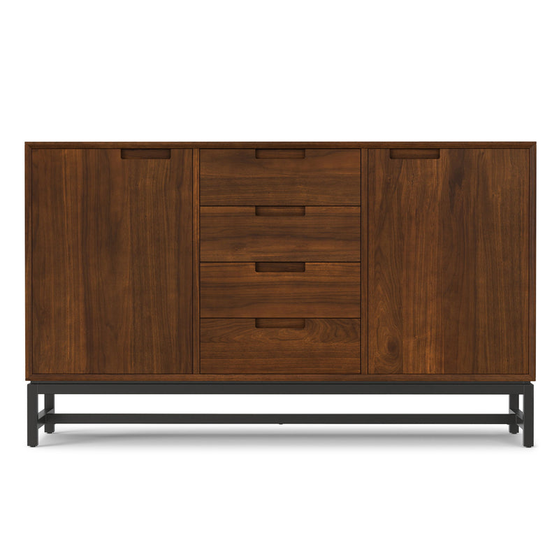 Modern industrial Banting sideboard by Simpli-Home with centre drawers, featuring oak or walnut finish and sleek storage cabinet design.