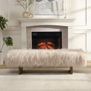 Brown and beige long-haired faux wool upholstered bench by Noble House, featuring a comfortable padded seat and wooden legs.