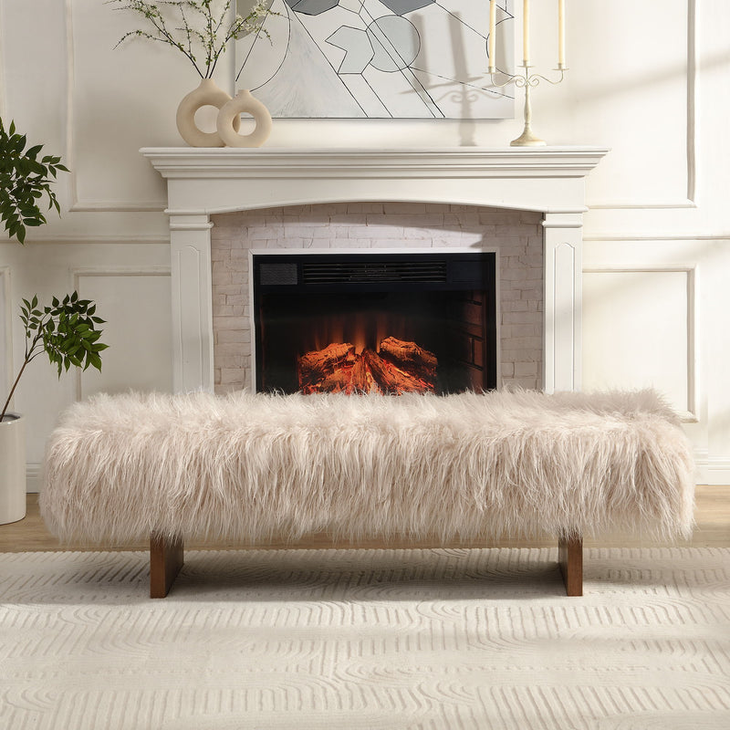 Brown and beige long-haired faux wool upholstered bench by Noble House, featuring a comfortable padded seat and wooden legs.