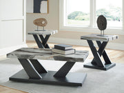 Set of three Signature Design by Ashley dark brown, white, and black occasional tables with sleek, modern designs.
