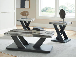 Set of three Signature Design by Ashley dark brown, white, and black occasional tables with sleek, modern designs.