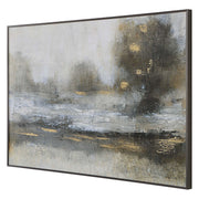 Uttermost Gilt Misty Landscape framed canvas art with pearl silver finish, showcasing a serene, abstract landscape scene.