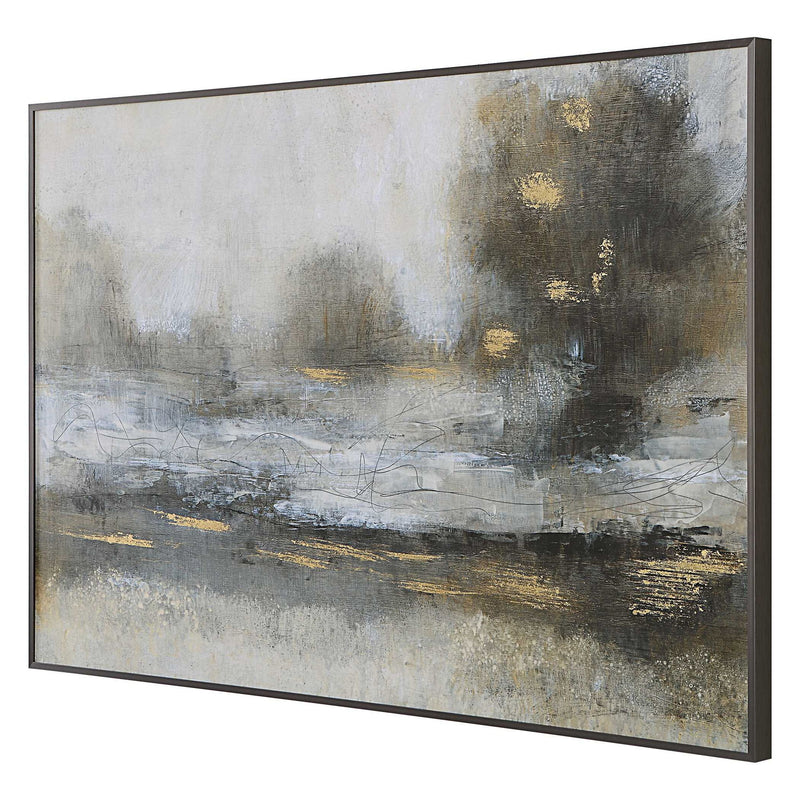 Uttermost Gilt Misty Landscape framed canvas art with pearl silver finish, showcasing a serene, abstract landscape scene.
