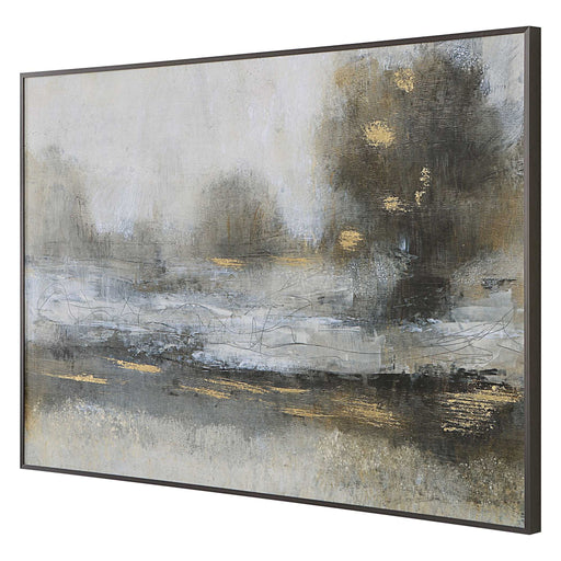 Uttermost Gilt Misty Landscape framed canvas art with pearl silver finish, showcasing a serene, abstract landscape scene.