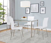 Lumi Source Fuji Mason 5-piece upholstered swivel dining set with glass tabletop, modern design for dining room use.