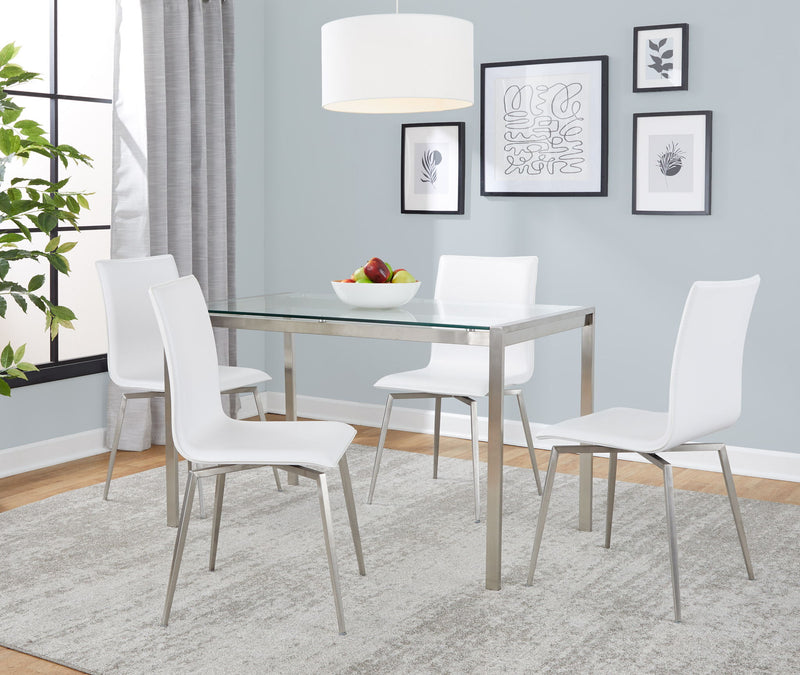 Lumi Source Fuji Mason 5-piece upholstered swivel dining set with glass tabletop, modern design for dining room use.