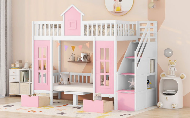 DreamHaus twin over twin bunk bed with changeable table, featuring upper bed and down desk for versatile space-saving sleep solutions.