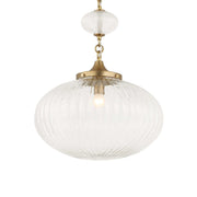 Uttermost Bellaire gold pendant light with clear glass shade, modern pendant lighting fixture hanging from ceiling.