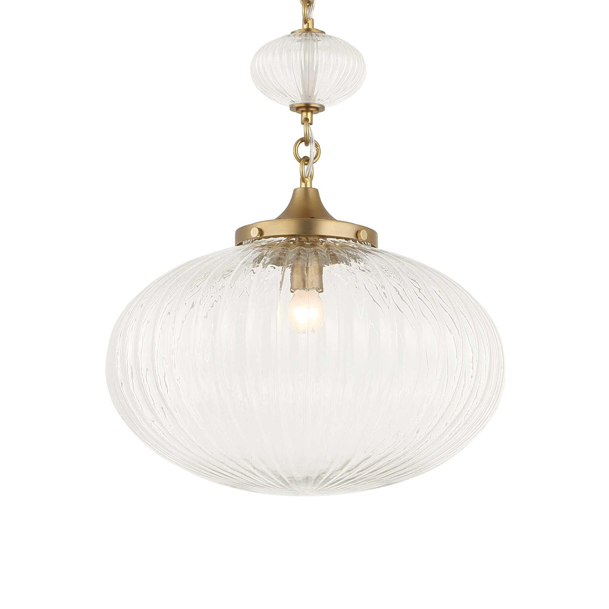 Uttermost Bellaire gold pendant light with clear glass shade, modern pendant lighting fixture hanging from ceiling.