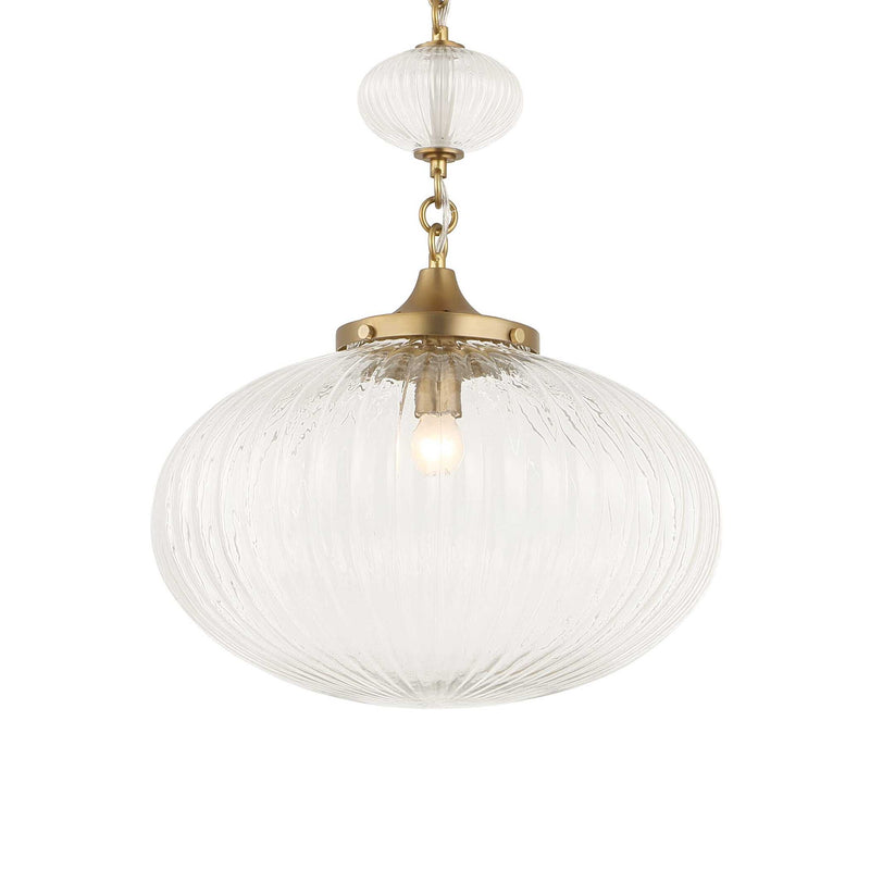 Uttermost Bellaire gold pendant light with clear glass shade, modern pendant lighting fixture hanging from ceiling.